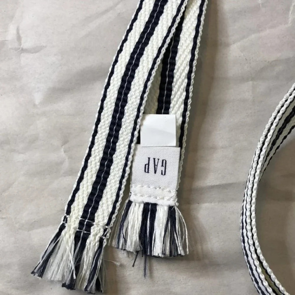 GAP NWT Woven Fringe Tied Belt Navy White Stripe Nautical Preppy O/S - Picture 2 of 5